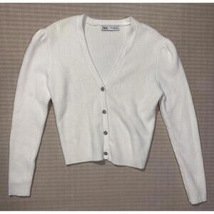 ZARA Ribbed Knit Button Cardigan Sweater White V-Neck Long Sleeve XL